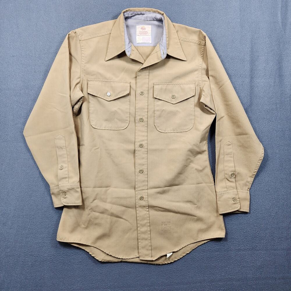 Vintage Marine Shop Mens Shirt 15.5 Tan Long Sleeve Button Up Pockets Military